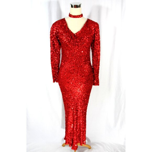 Vintage Gilar Sequin Silk Long Sleeve Maxi Dress Evening Gown w Choker 4 1980s - Picture 1 of 9